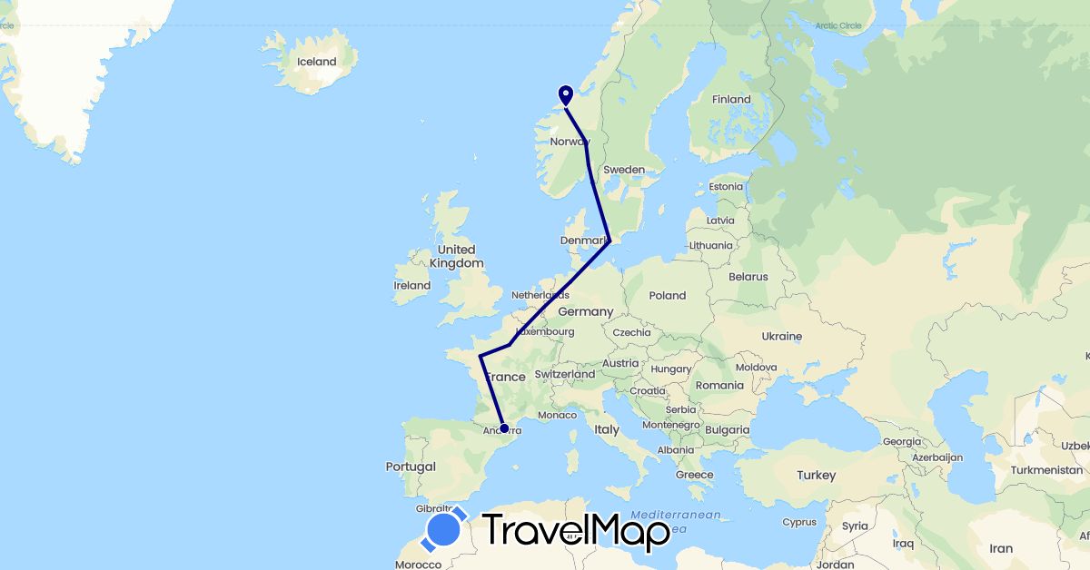 TravelMap itinerary: driving in Germany, France, Norway, Sweden (Europe)